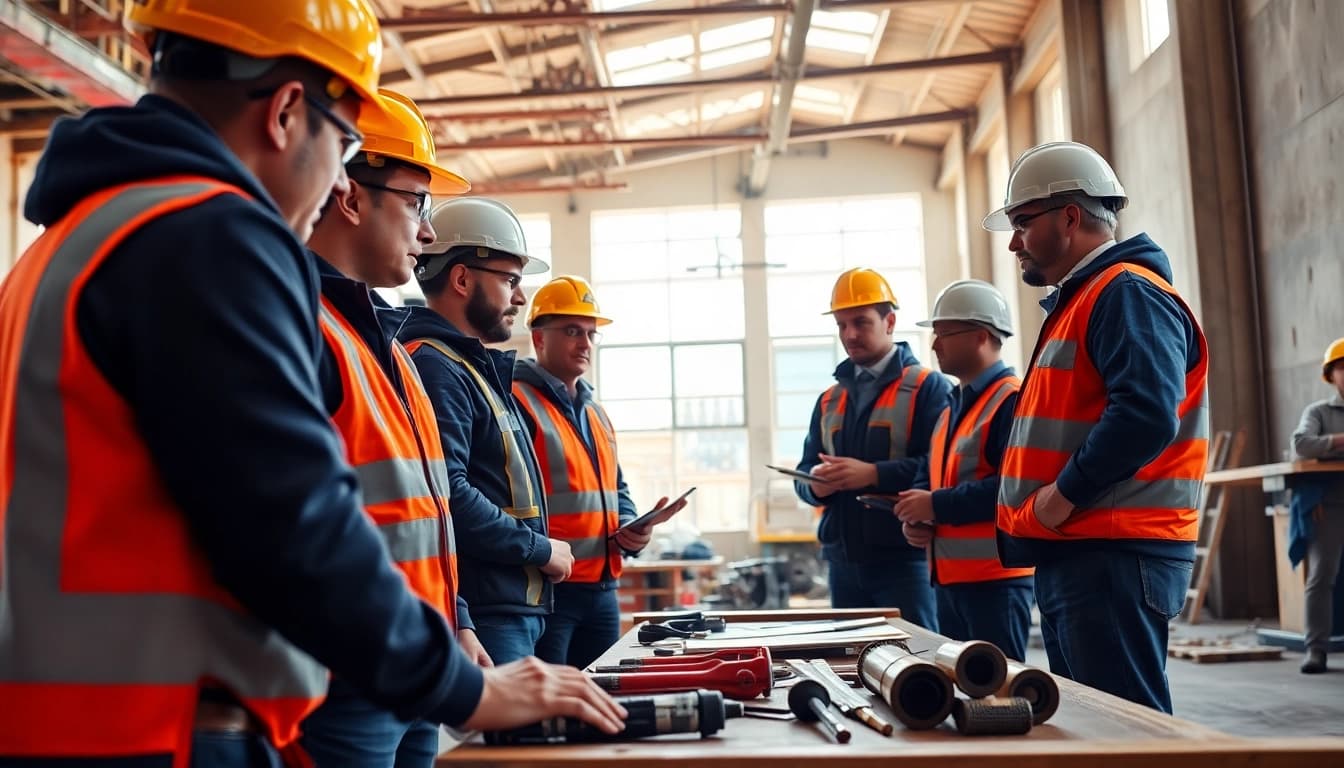 Construction training programs showcase workers mastering skills at a sunny construction site.