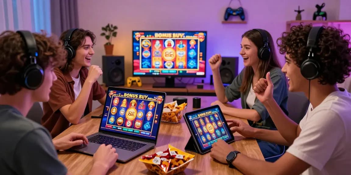 Bonus Buy slots at https://trustresearch.org.uk/ with players enjoying engaging gameplay at home, lively atmosphere and colorful visuals.