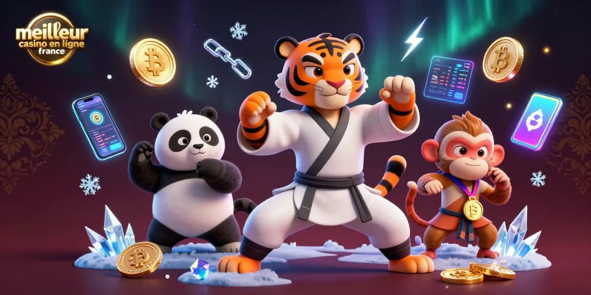 Illustration dynamique illustrant le meilleur casino en ligne France avec un tigre kung fu, un panda et un singe espiègle.