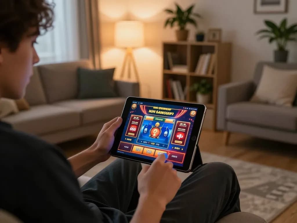Engaging moment of playing on non gamstop casinos on a tablet in a cozy living room.