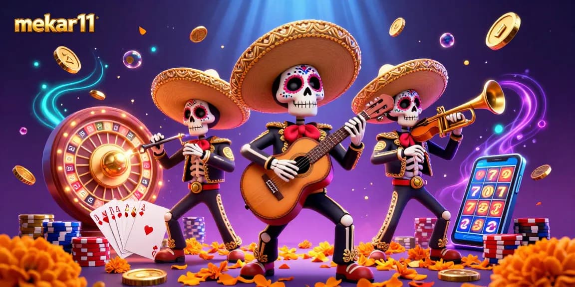Engage with mekar11 as vibrant 3D cartoon skeleton mariachi musicians celebrate in a casino atmosphere full of winnings.
