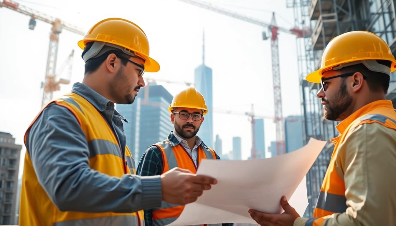 New York City General Contractor collaborating with a diverse team on a skyscraper project.