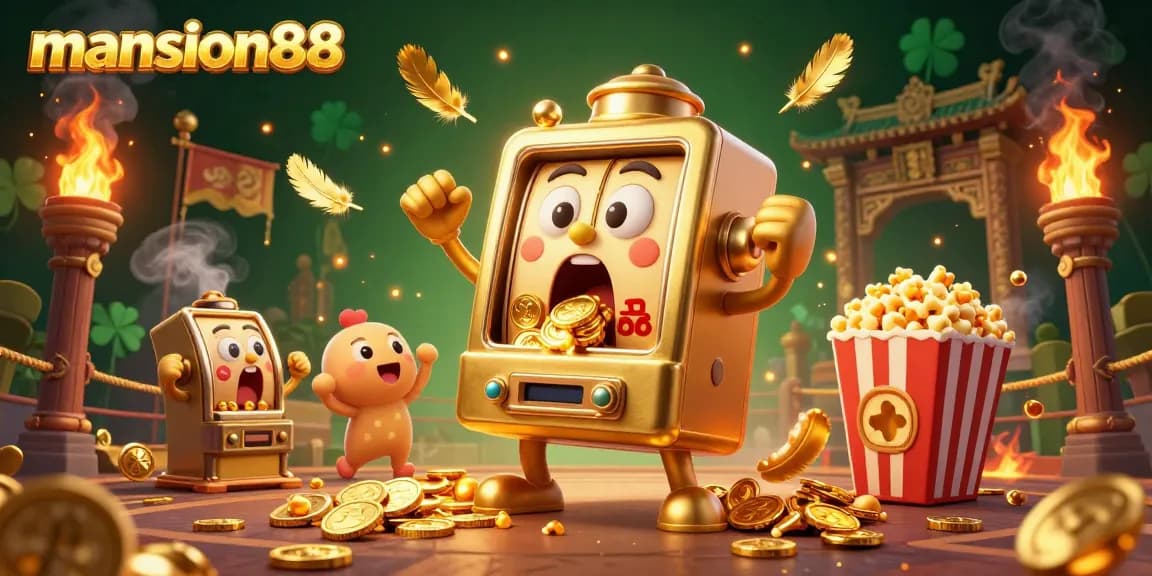 Mansion88 casino celebrates a jackpot win with cheerful slot machines and golden coins scattering around.