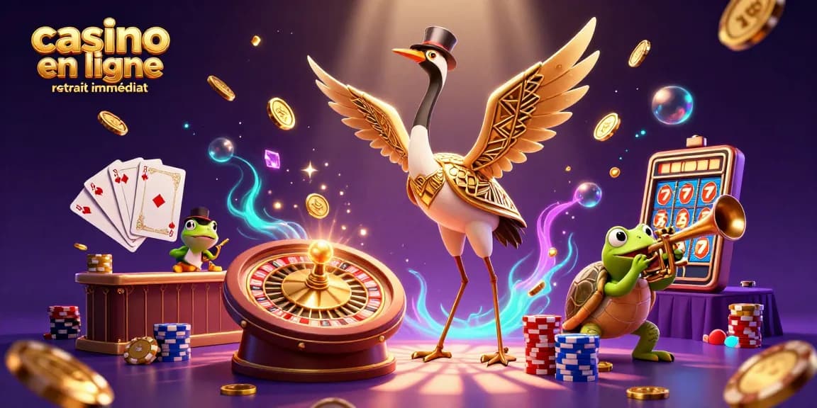 Visuel dynamique sur le casino en ligne retrait immédiat, avec des personnages colorés et des éléments de jeux d'argent en fête.