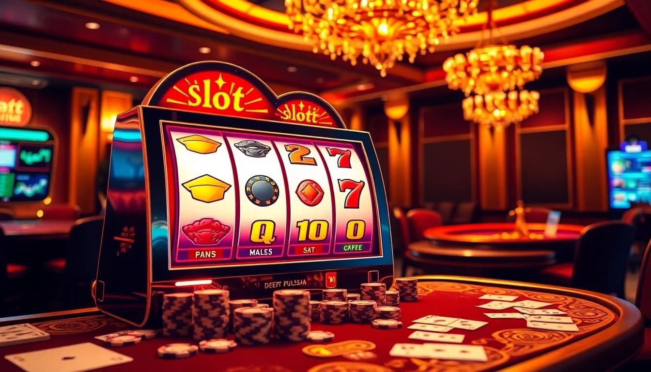 Permainan slot depo pulsa yang seru di kasino mewah dengan warna-warna cerah dan meja-meja yang elegan.