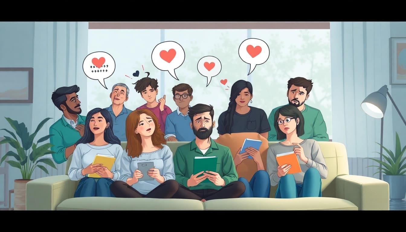 Anxiety symptoms illustrated through diverse individuals in a supportive setting, emphasizing emotional expressions.