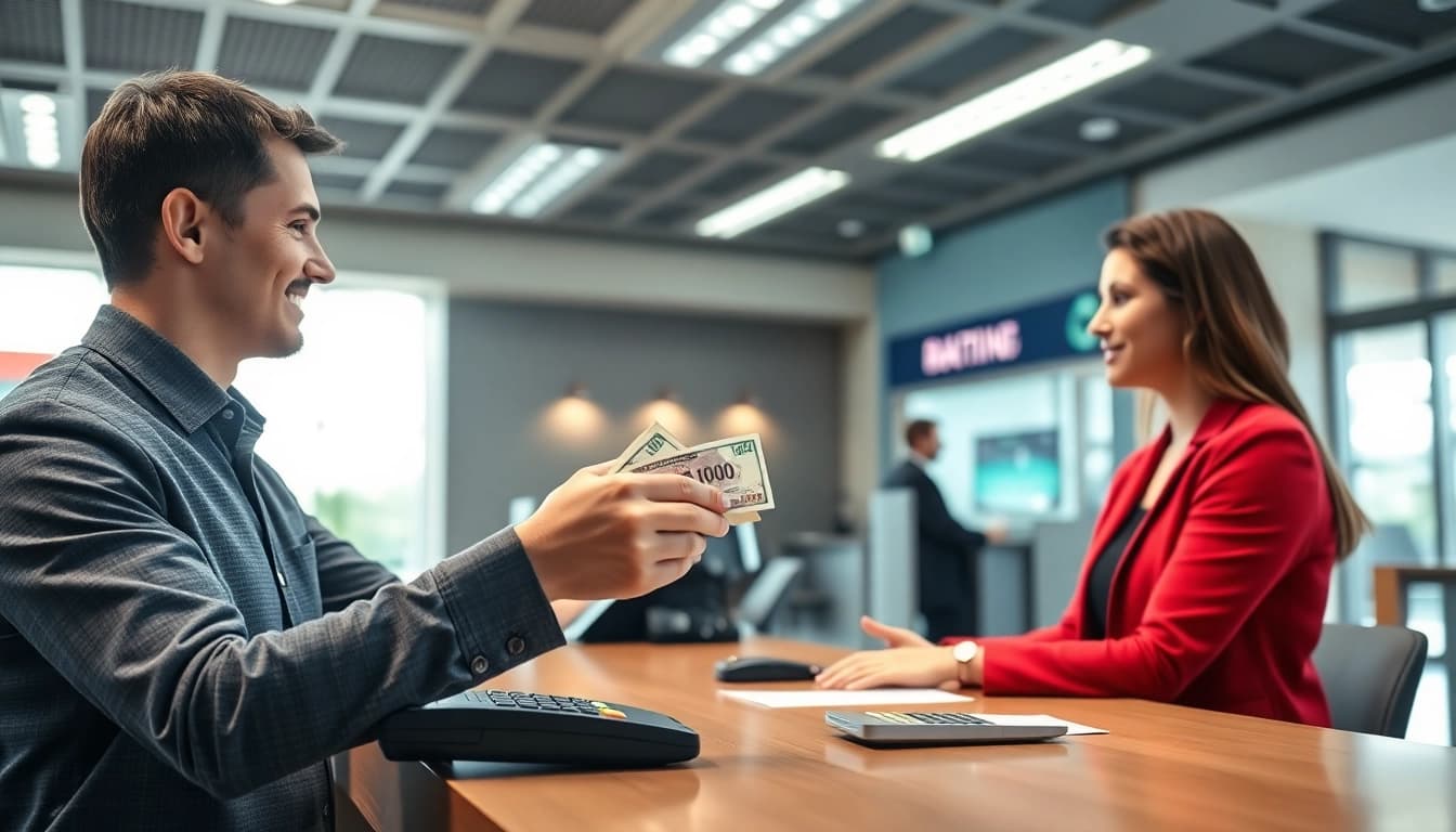 Karyawan bank membantu pelanggan dengan deposit 1k dalam suasana profesional.