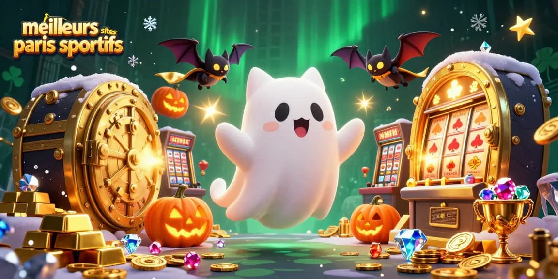 Image dynamique des meilleurs sites paris sportifs avec un chat fantôme et un vampire, ambiance de casino animée.