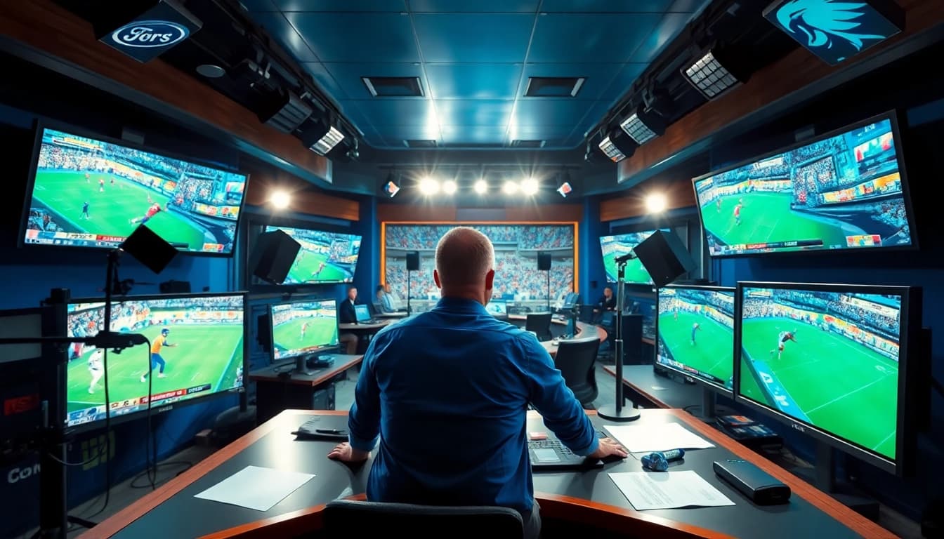 Engaging scene of sports broadcasting showcasing vibrant studio with analyst, screens, and dynamic atmosphere.