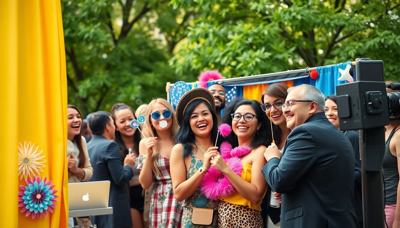Guests enjoying the photo booth Chicago experience with vibrant props and cheerful atmosphere.