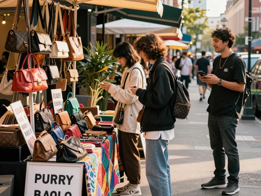 Vibrant urban shopping scene at a 레플리카 쇼핑몰 showcasing stylish replica handbags and accessories.