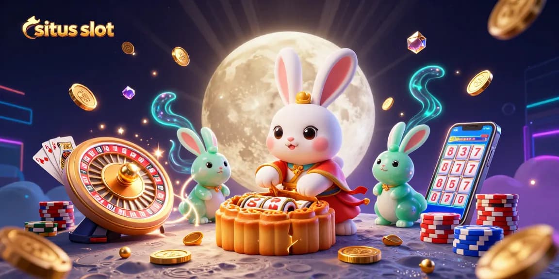 Memainkan situs slot dengan karakter kelinci bulan dalam ilustrasi 3D detail tinggi yang diramaikan koin emas.