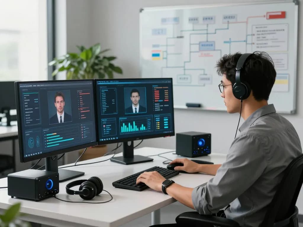 Analyzing AI Voice Fraud In Banking threats in a modern cybersecurity office.