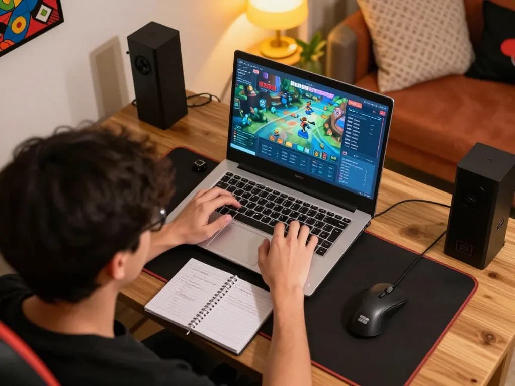 Pemain Boba99 terlibat dalam strategi permainan online dengan pengaturan laptop dan dekorasi yang cerah.