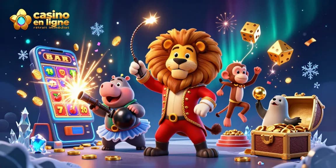 Découvrez le casino en ligne avec retrait immédiat, mettant en scène un lion impresario et d'autres personnages colorés.