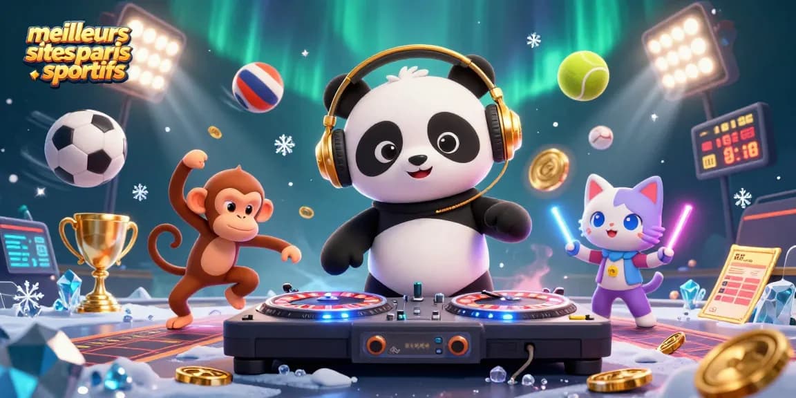 Pariez sur les meilleurs sites paris sportifs avec une illustration dynamique de panda DJ et de personnages festifs.