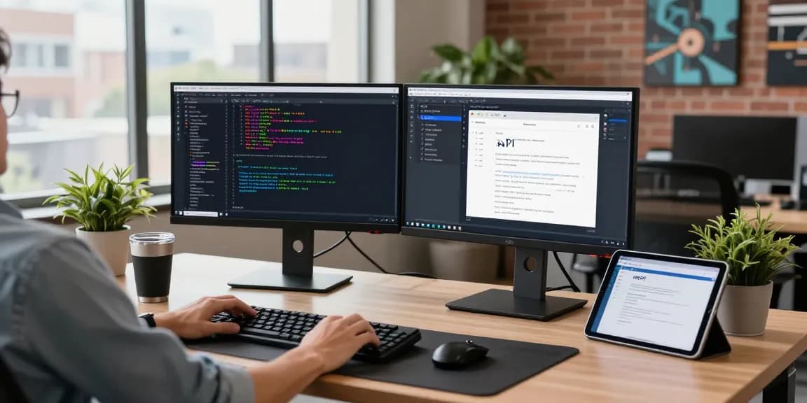 Developer working on 纸飞机中文版 app design at a modern tech workspace with dual monitors and coding elements.