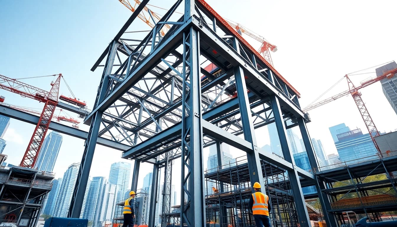 Structural steel construction featured prominently with construction workers and a city skyline in the background.