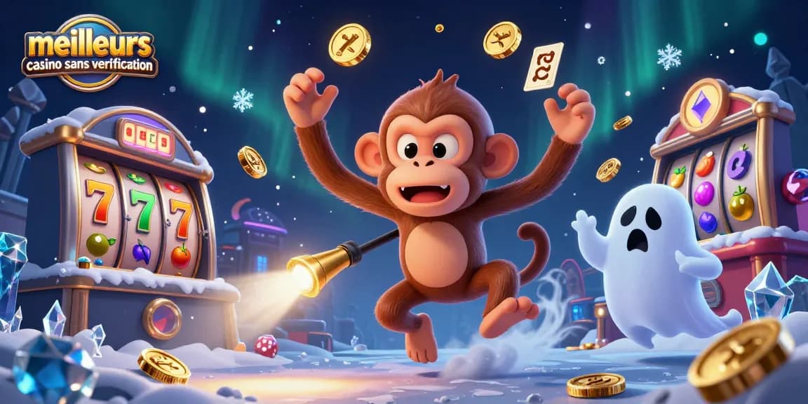 Meilleurs casino sans vérification : illustration de machines à sous animées avec un singe fantomatique et un chiot chasseur de fantômes.