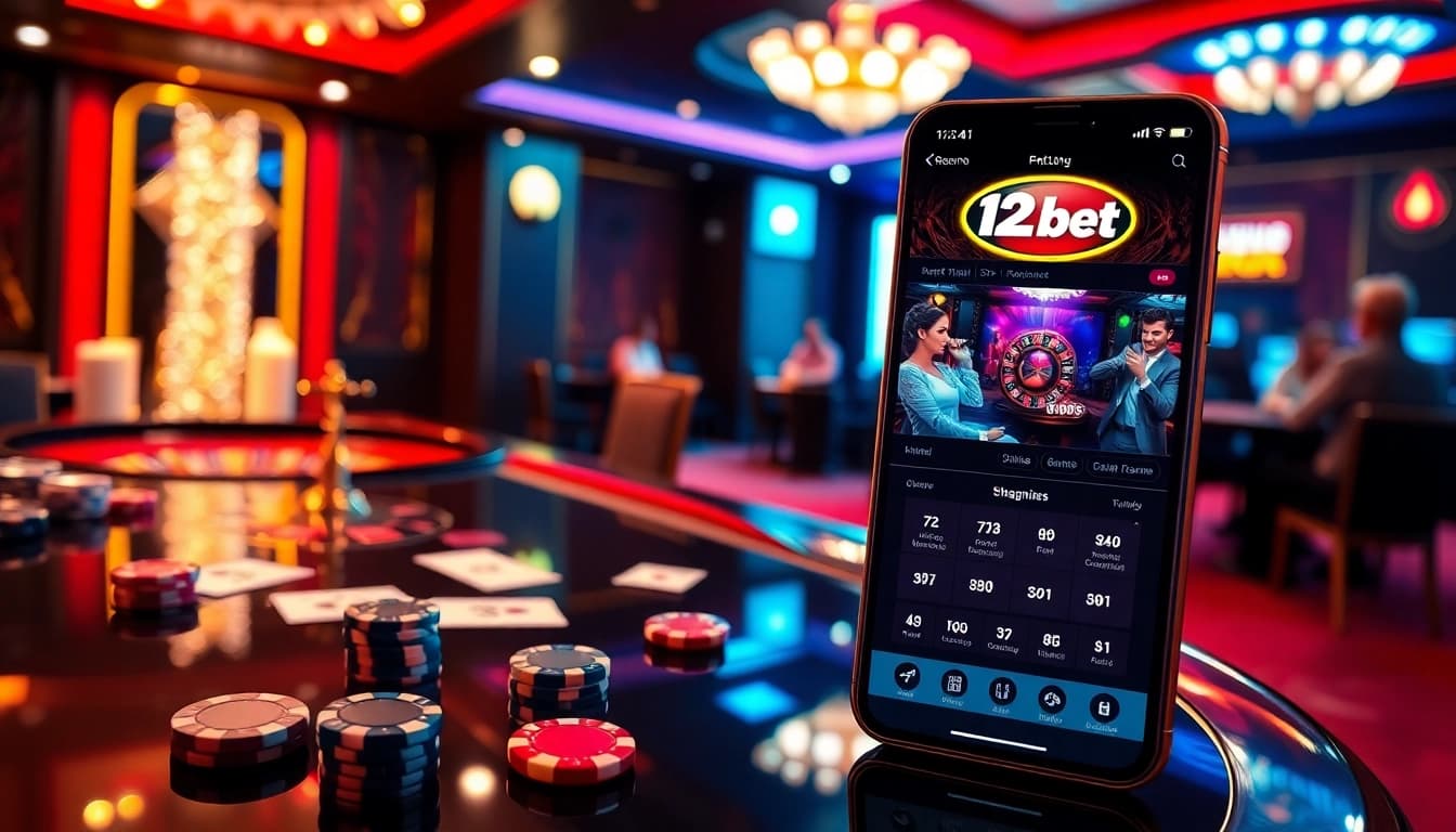 Experience high-stakes action with 12bet's online interface amidst vibrant casino visuals.