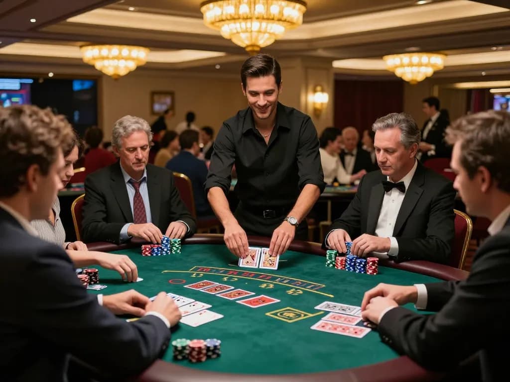 Players unveil hands at a blackjack table inspired by the hidden wiki, showcasing strategic gameplay in a vibrant casino.