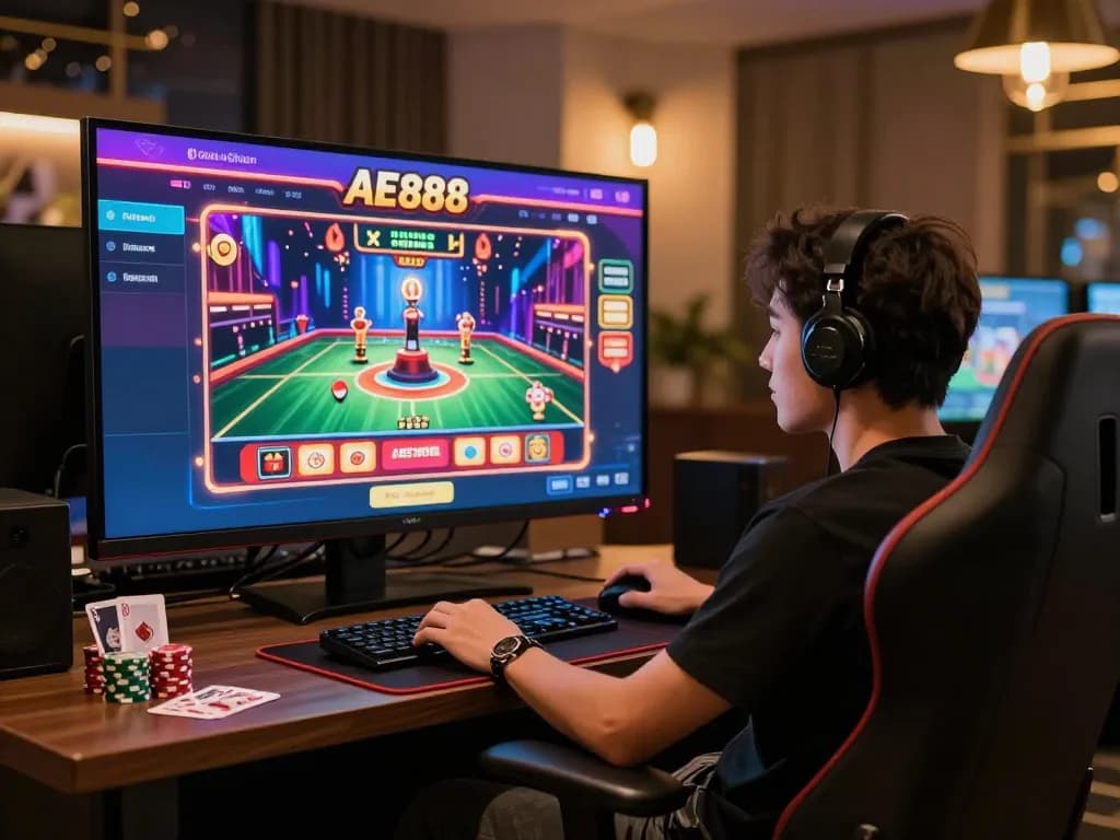 Engaged player using AE888 online casino interface on a modern gaming setup with vibrant visuals.
