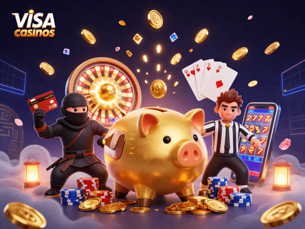 Join the excitement of winning at visa casinos with a dynamic, illustrated scene of animated characters in action.