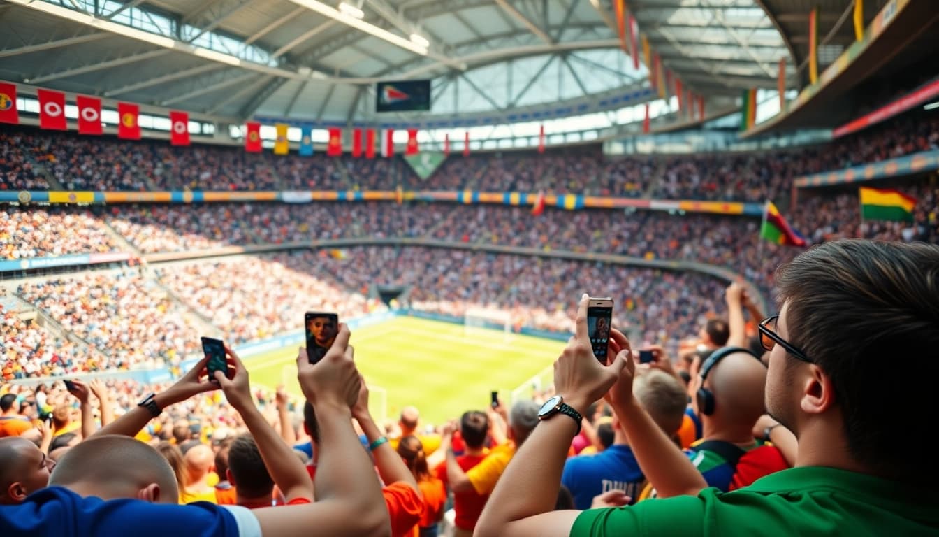 Capture the excitement of Koora live sports with passionate fans cheering in a vibrant stadium.