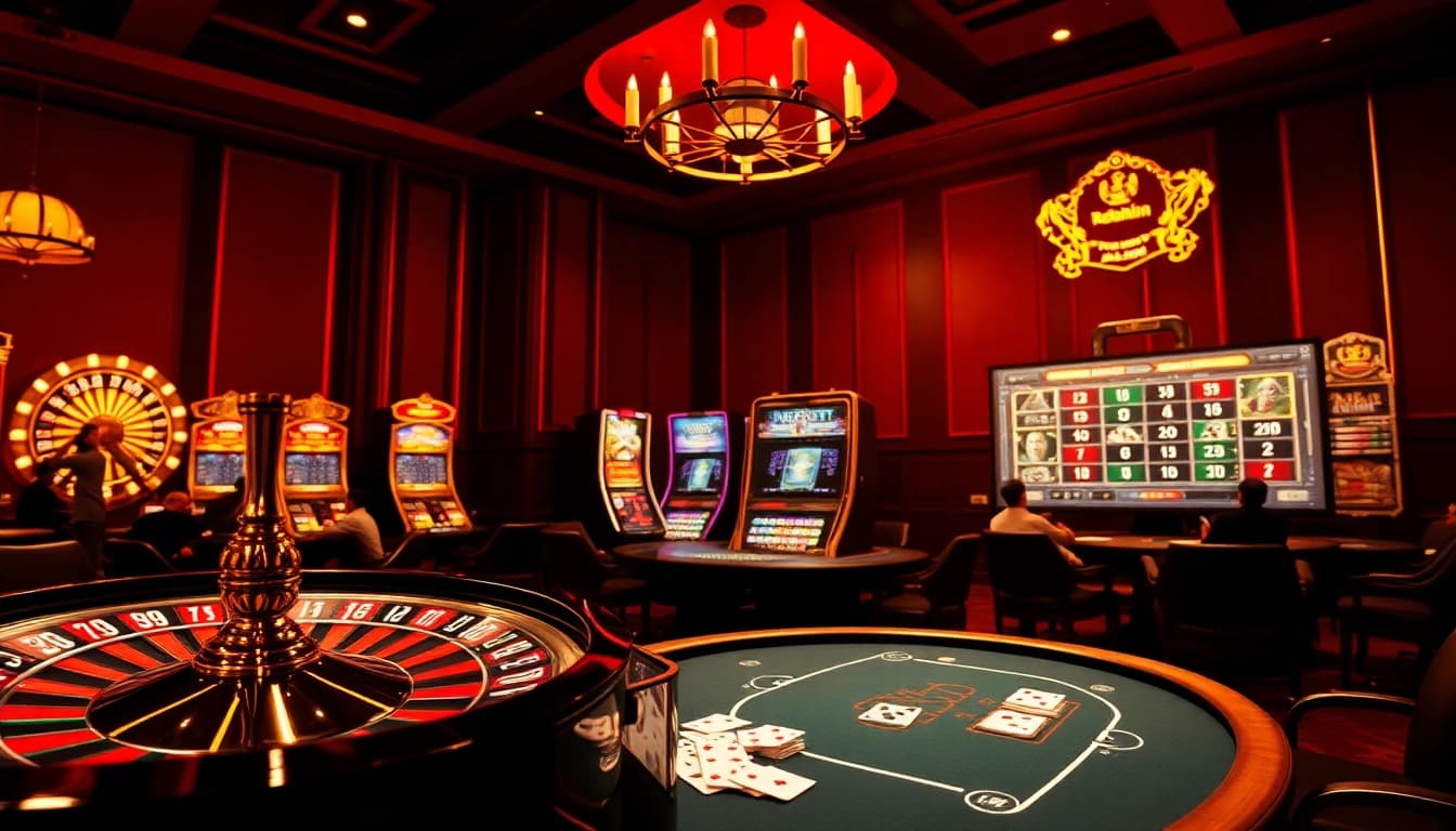 Experience rebahin excitement with a vibrant casino scene featuring roulette, poker, and slot machines.