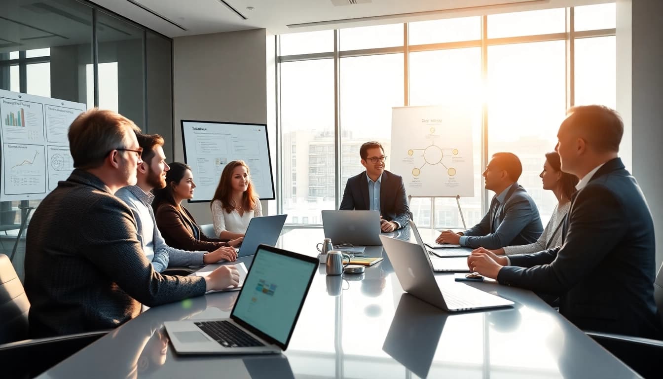 Visualize a dynamic Strategy Capture Management discussion with a diverse team in a bright boardroom.