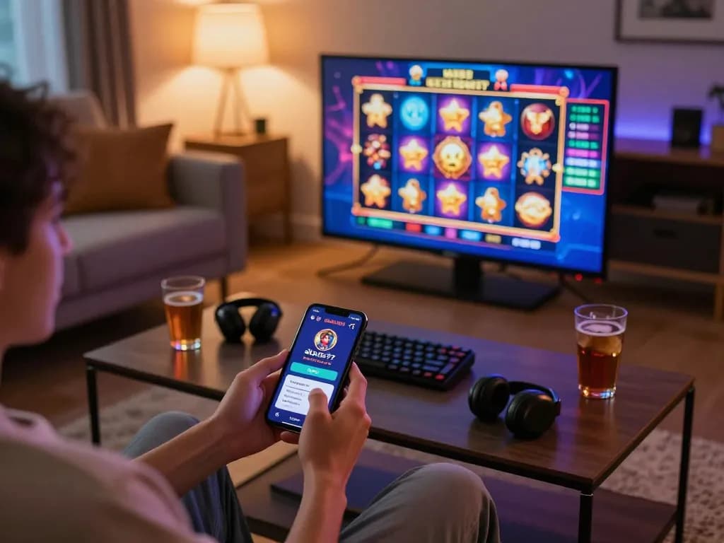 Playing top slot games on alexis77 mobile app with engaging graphics in a cozy living room