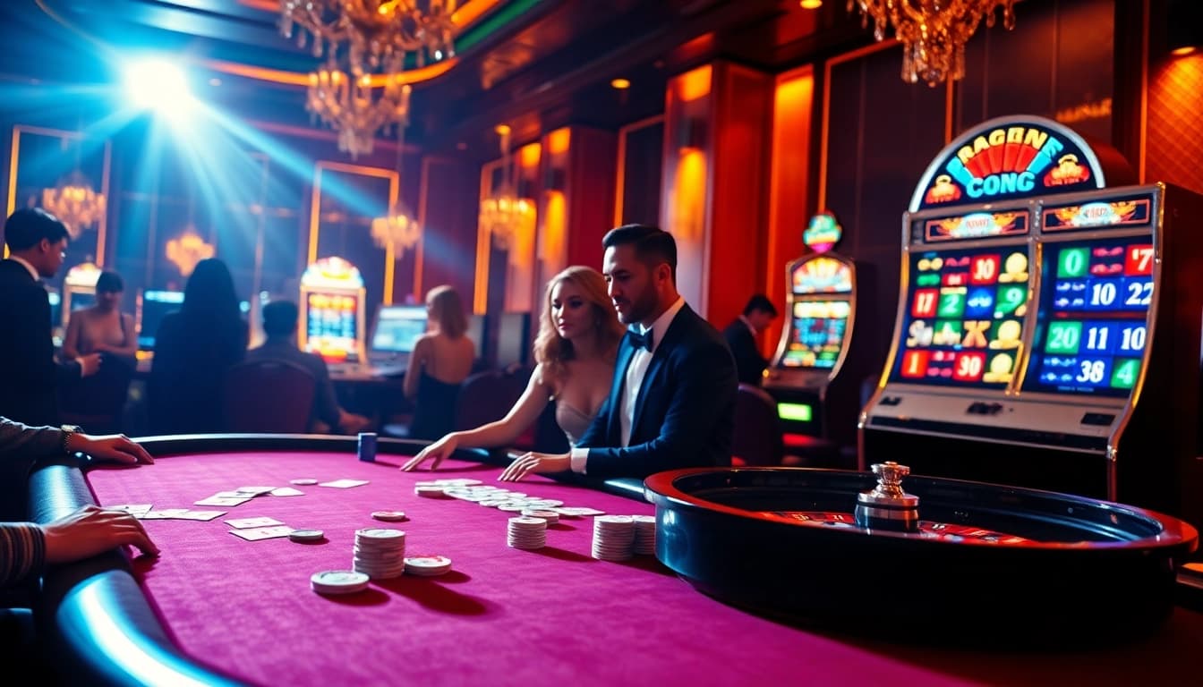 RR88 casino scene featuring poker table, chips, and roulette in a vibrant atmosphere