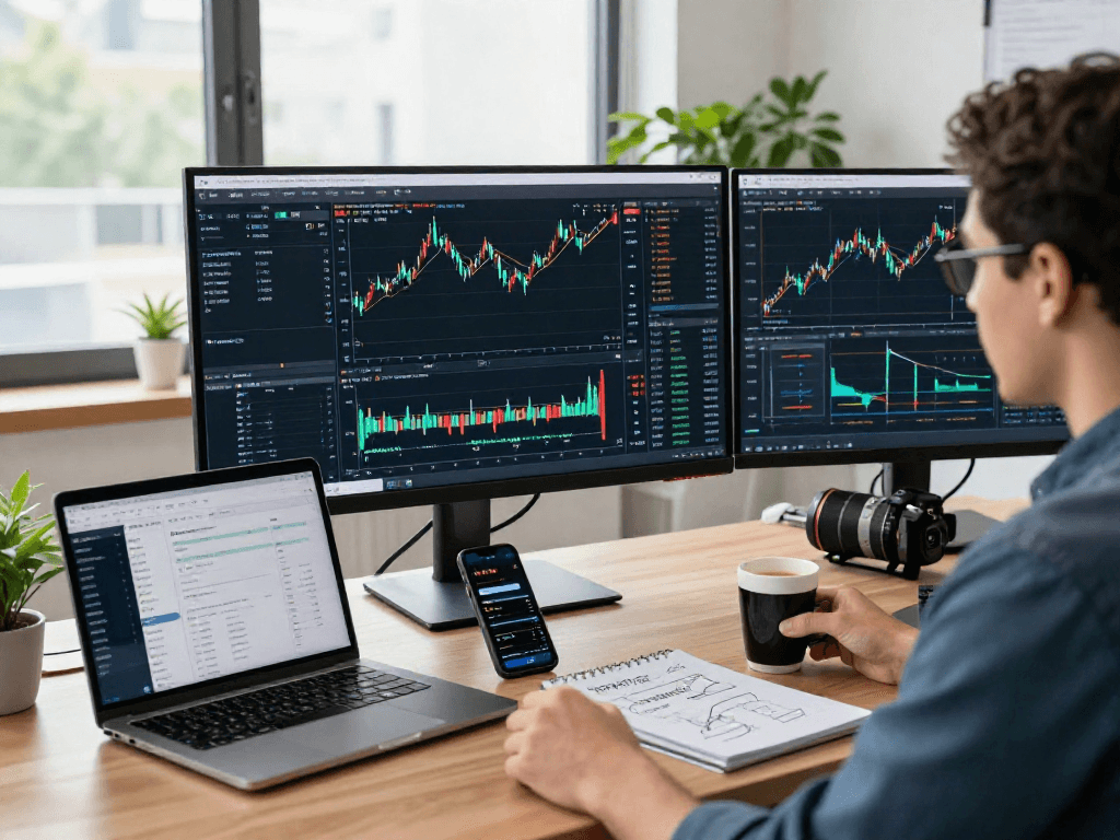 交易者分析TradingView平台的金融图表，显示实时行情和技术指标，专业交易工作环境。