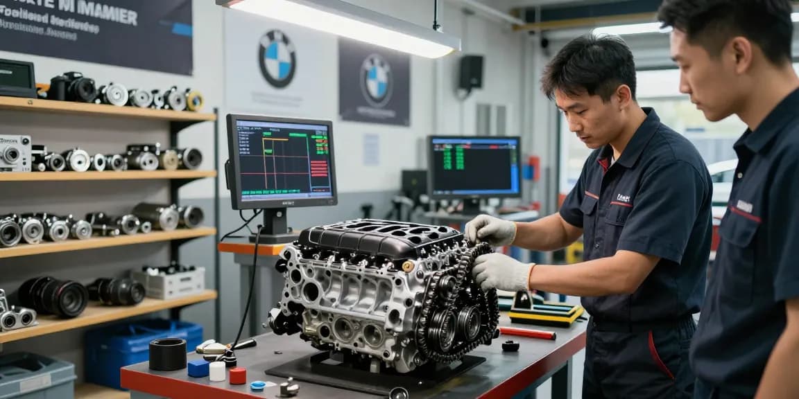 Professioneller Mechaniker in der BMW Werkstatt Hannover inspiziert den Motor eines BMW und bietet exzellenten Kundenservice mit hochwertigen Werkzeugen und technischen Geräten.