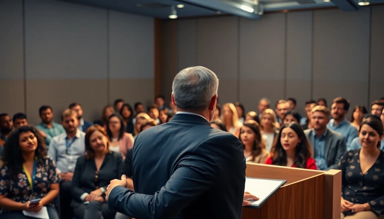 Overcoming Fear of Public Speaking showcased with a confident speaker engaging an attentive audience.