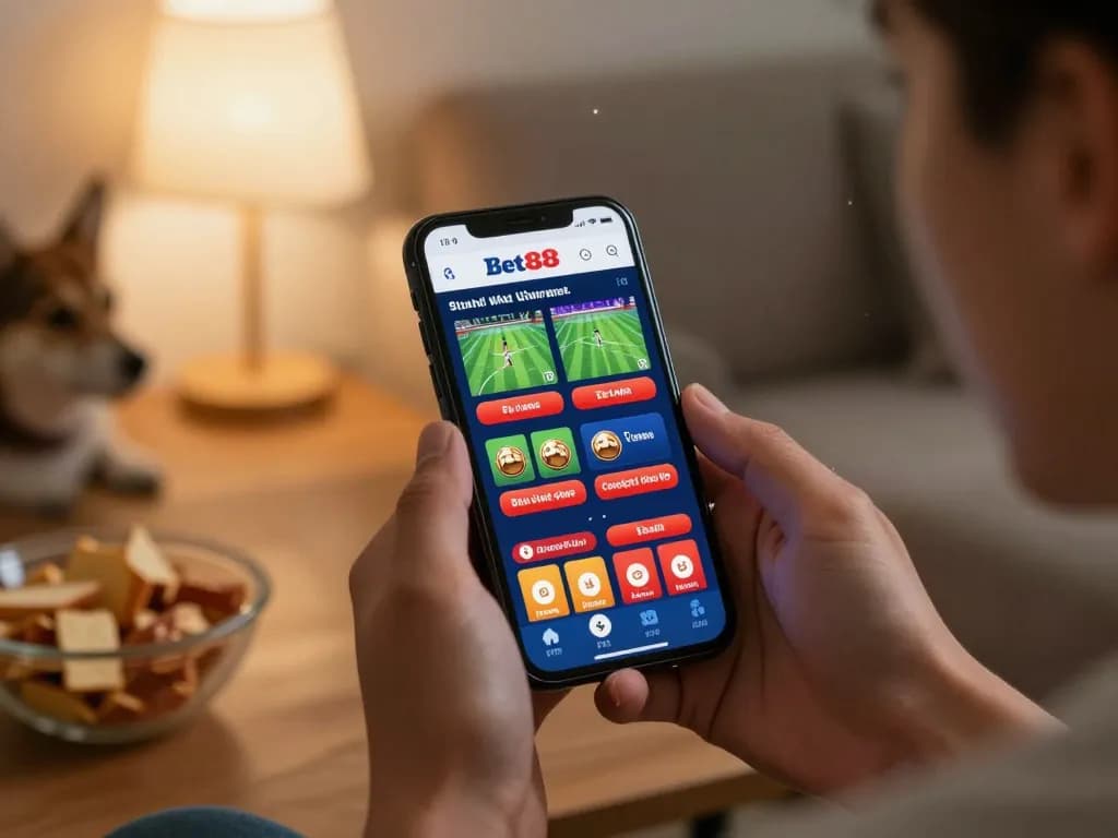 Enjoying live betting on the Website Bet88 through a smartphone in a cozy home setting.