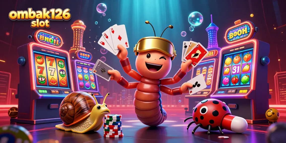 Engage with ombak126 slot as a cartoon dealer showcases vibrant game elements in a lively casino setting.