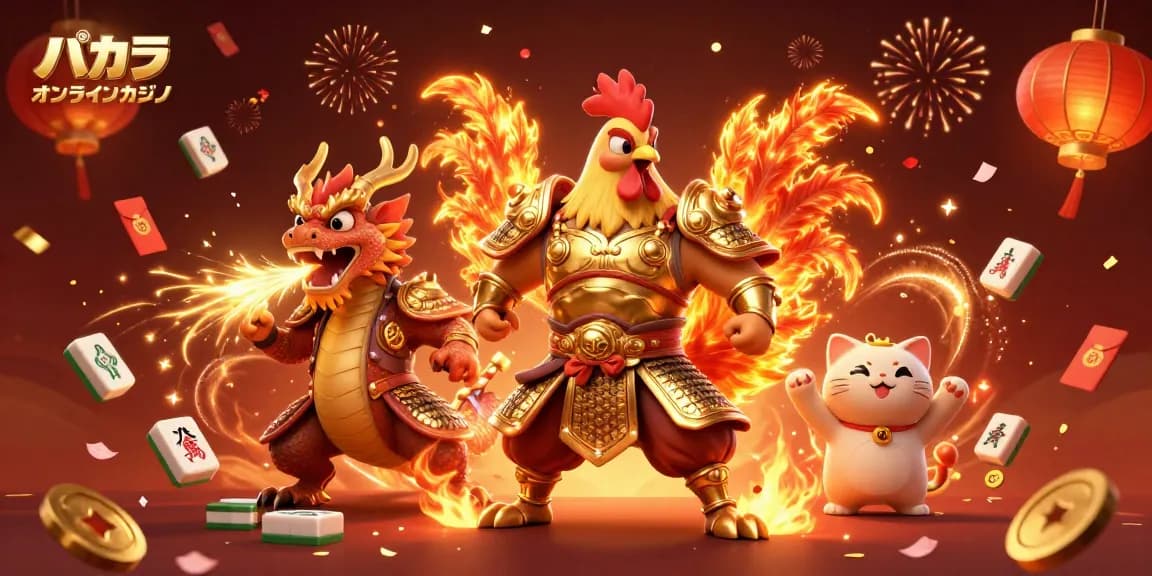 バカラ オンラインカジノでの勝利を祝うために、ルールの中で戦う鶏とドラゴンの戦士達のイラスト