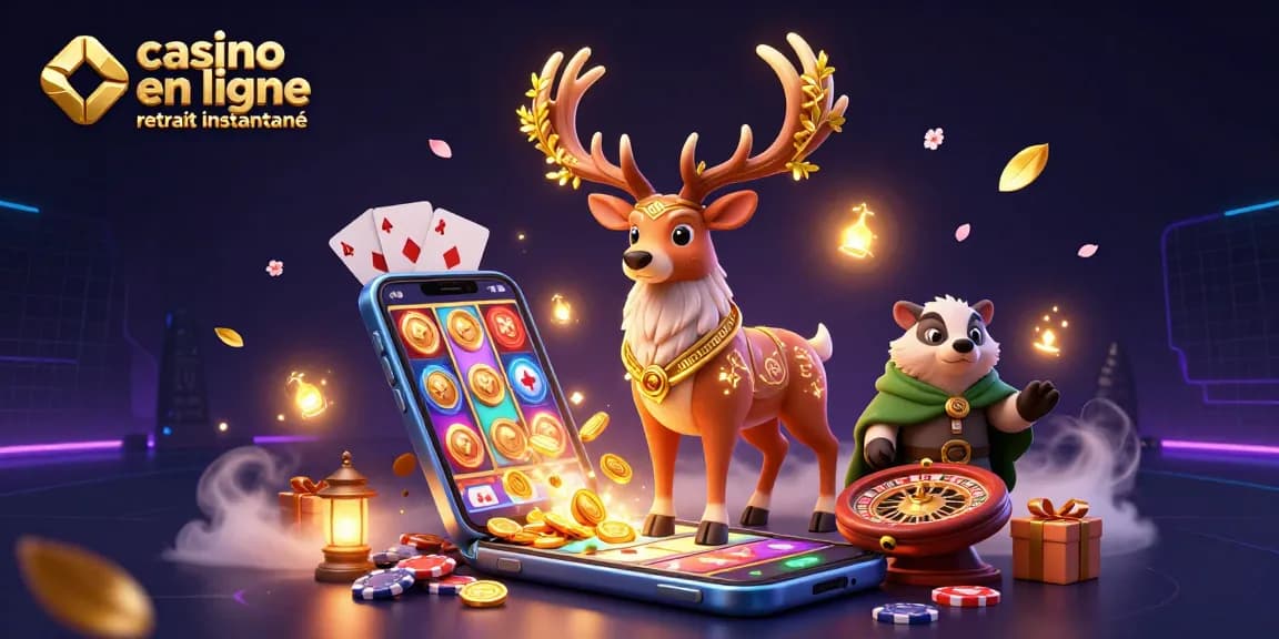 Jouez dans un casino en ligne avec retrait instantané avec des personnages fantastiques et des éléments de jeu entourant un smartphone.