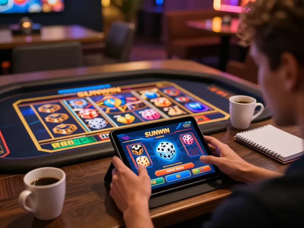 SUNWIN player enjoying online casino games, showcasing vibrant app interface and comfortable home setup.