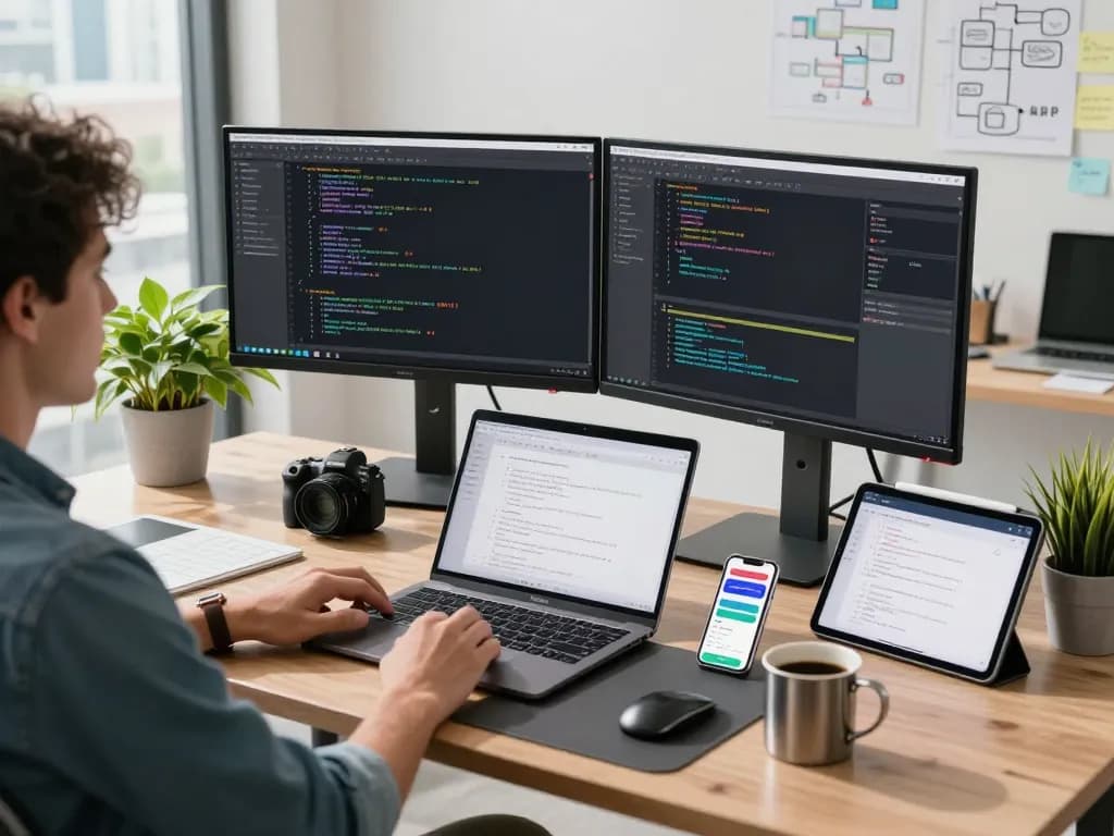 Developer using moltbot in a modern workspace with dual monitors and coding elements.