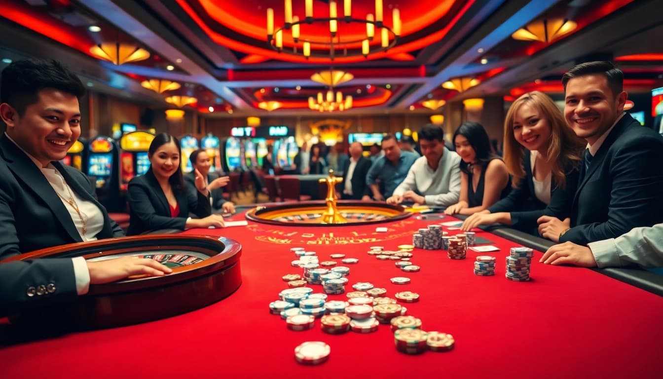Experience the thrill of gambling at https://jun88buzz.info/ with a vibrant casino scene showcasing poker and roulette.