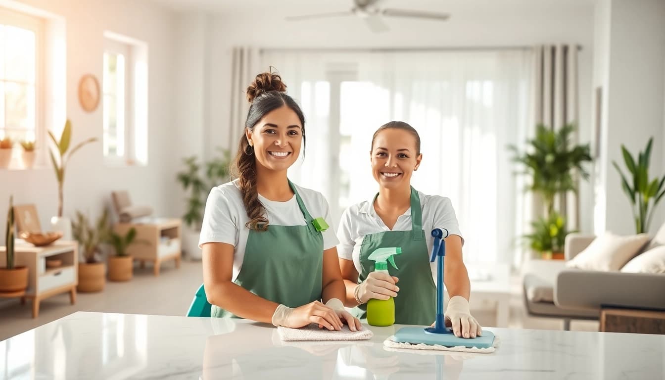 Cleaning Service team efficiently cleaning a bright, modern home environment with eco-friendly supplies.