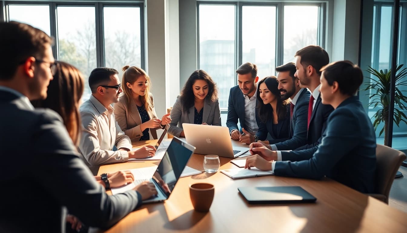 Dynamic scene of top websites to find salespeople in action, emphasizing teamwork and collaboration.