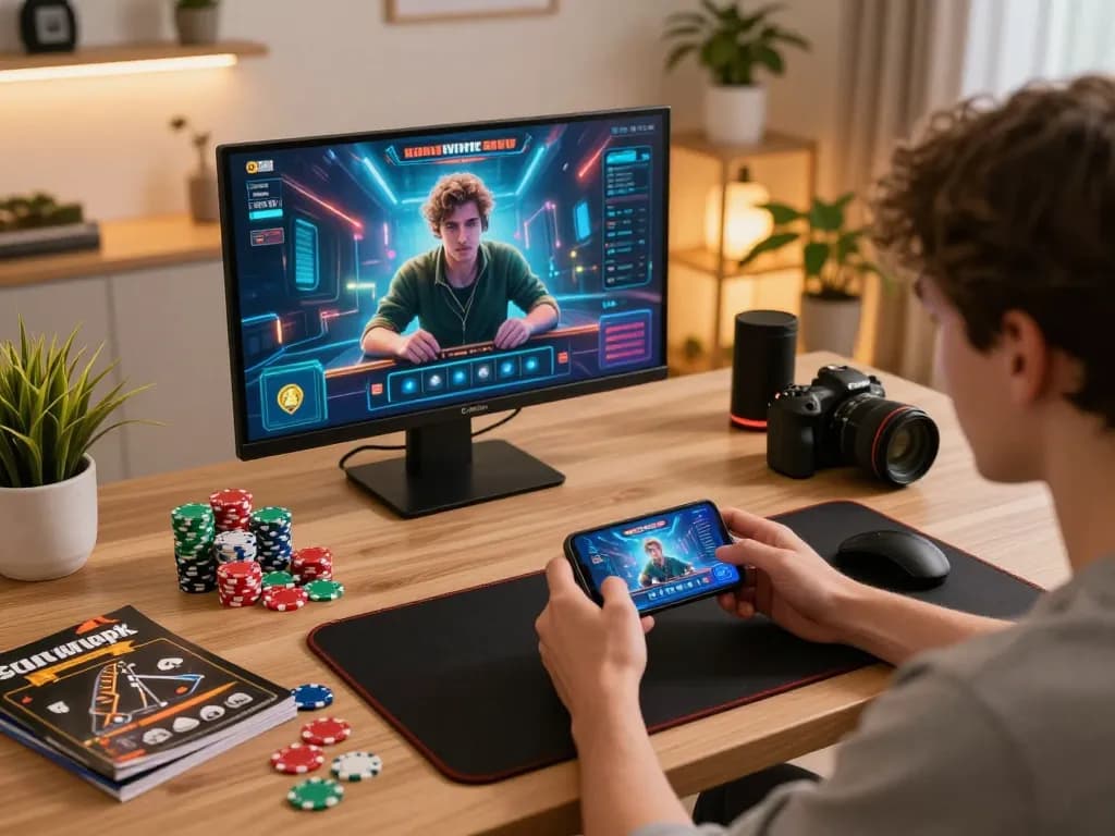 Player engaging with the sunwinapk app on smartphone, surrounded by gaming strategies and chips.