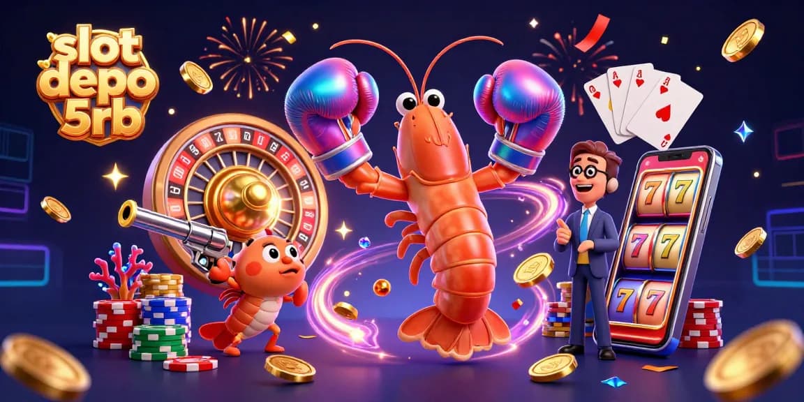 Engage in the thrills of slot depo 5rb as the cartoon shrimp duo celebrates amidst golden coins and spinning slots.