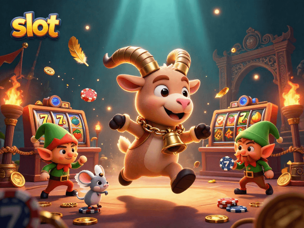 Slot online menampilkan Krampus, mouse, dan gremlin dalam kasino magis, dengan simbol slot berkilauan.
