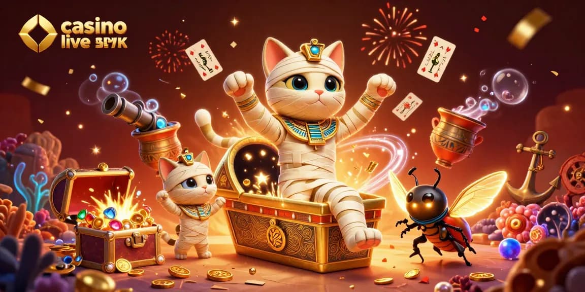 Jouer à casino live sans KYC avec une illustration 3D festive d'un chat momie égyptien et un scarabée doré.