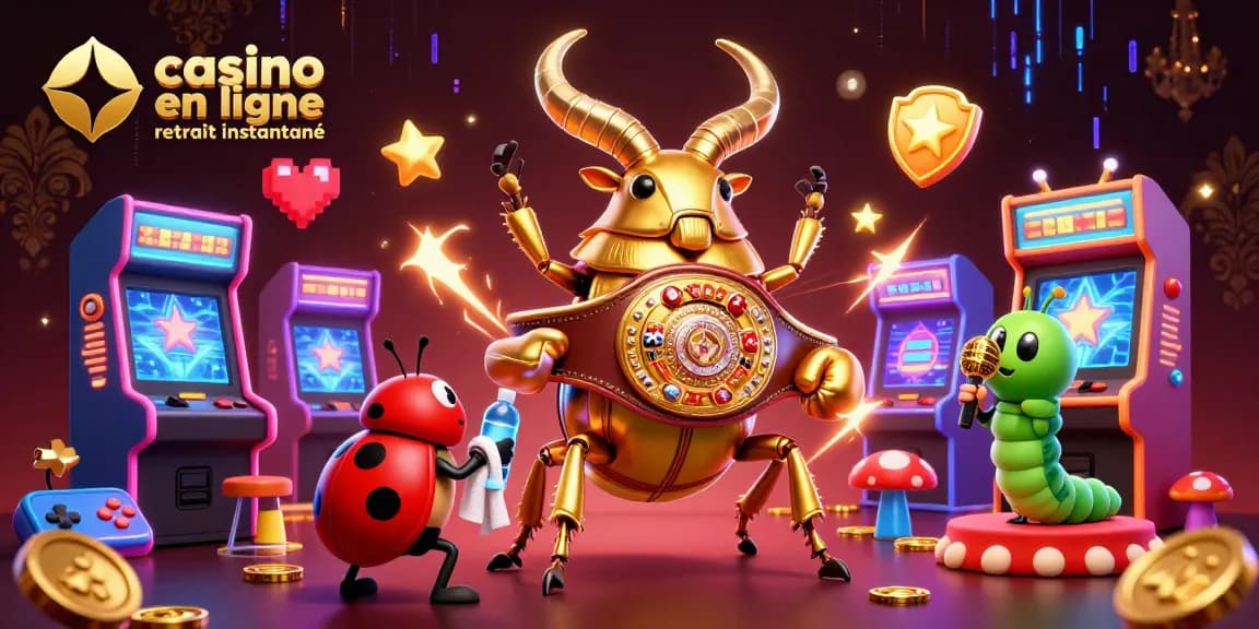 Visuel captivant de "casino en ligne retrait instantané" avec un scarabée géant dans un ring de boxe.