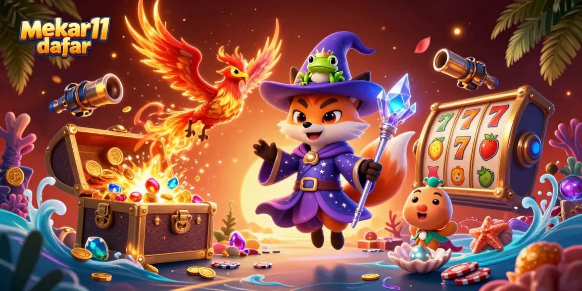 Mystical scene illustrating mekar11 daftar featuring a wizard fox and phoenix in a vibrant casino atmosphere.